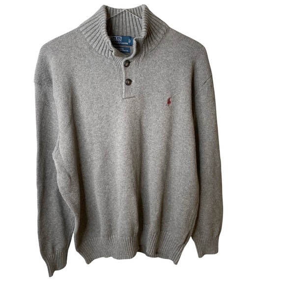 Polo Ralph Lauren Grey Chunky Knit 1/4 Button Shawl Collar Sweater XL